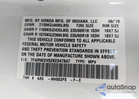 2019 Honda Cr-V Ex z USA, uszkodzony, nr VIN 7FARW2H52KE047847